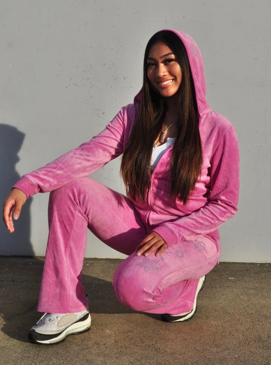 Pink "Stargirl" Velour Rhinestone Tracksuit (Runs Small, Size Up)