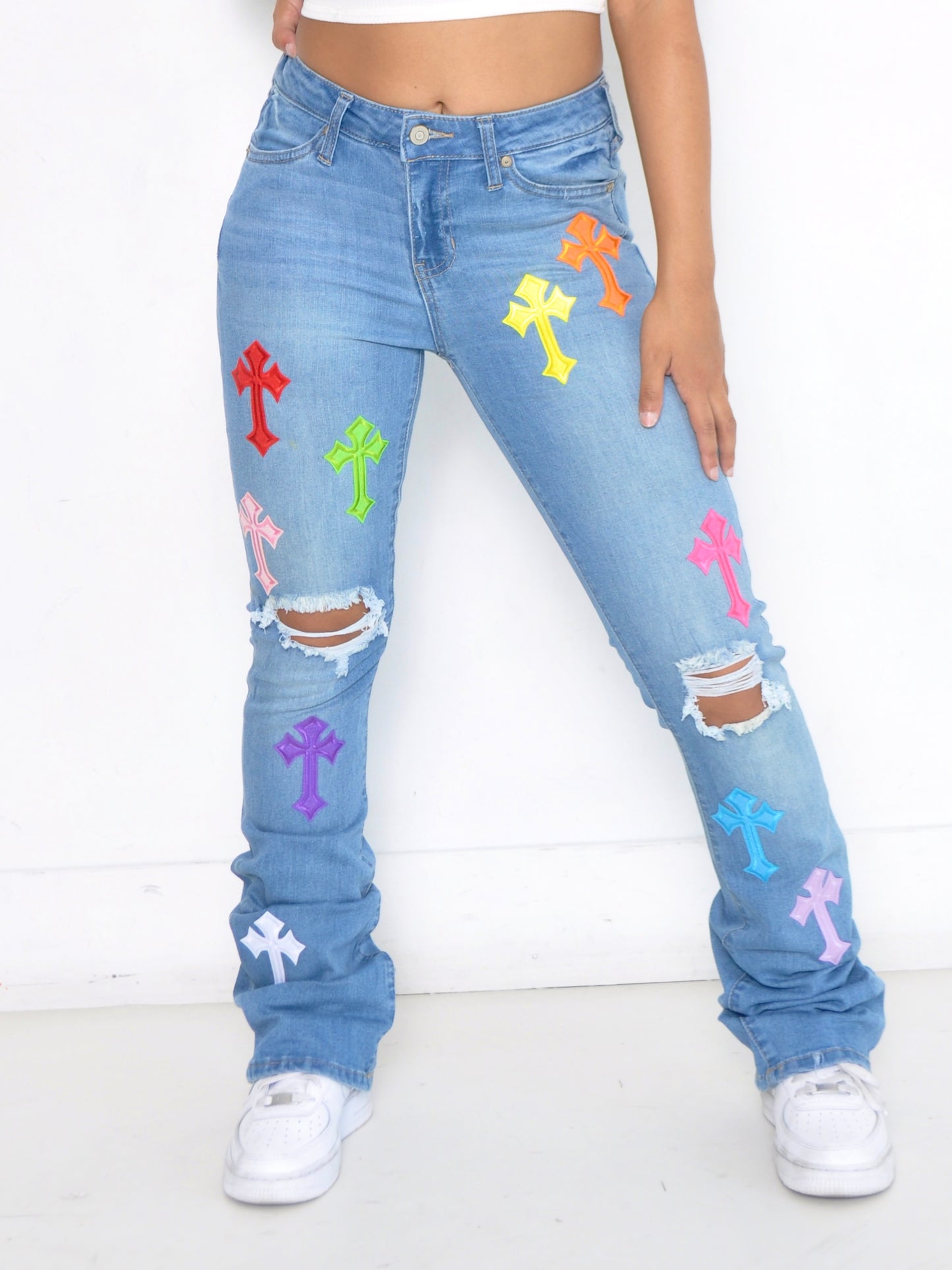 "Ble$$ed" Multicolor Cross Bootcut Jeans