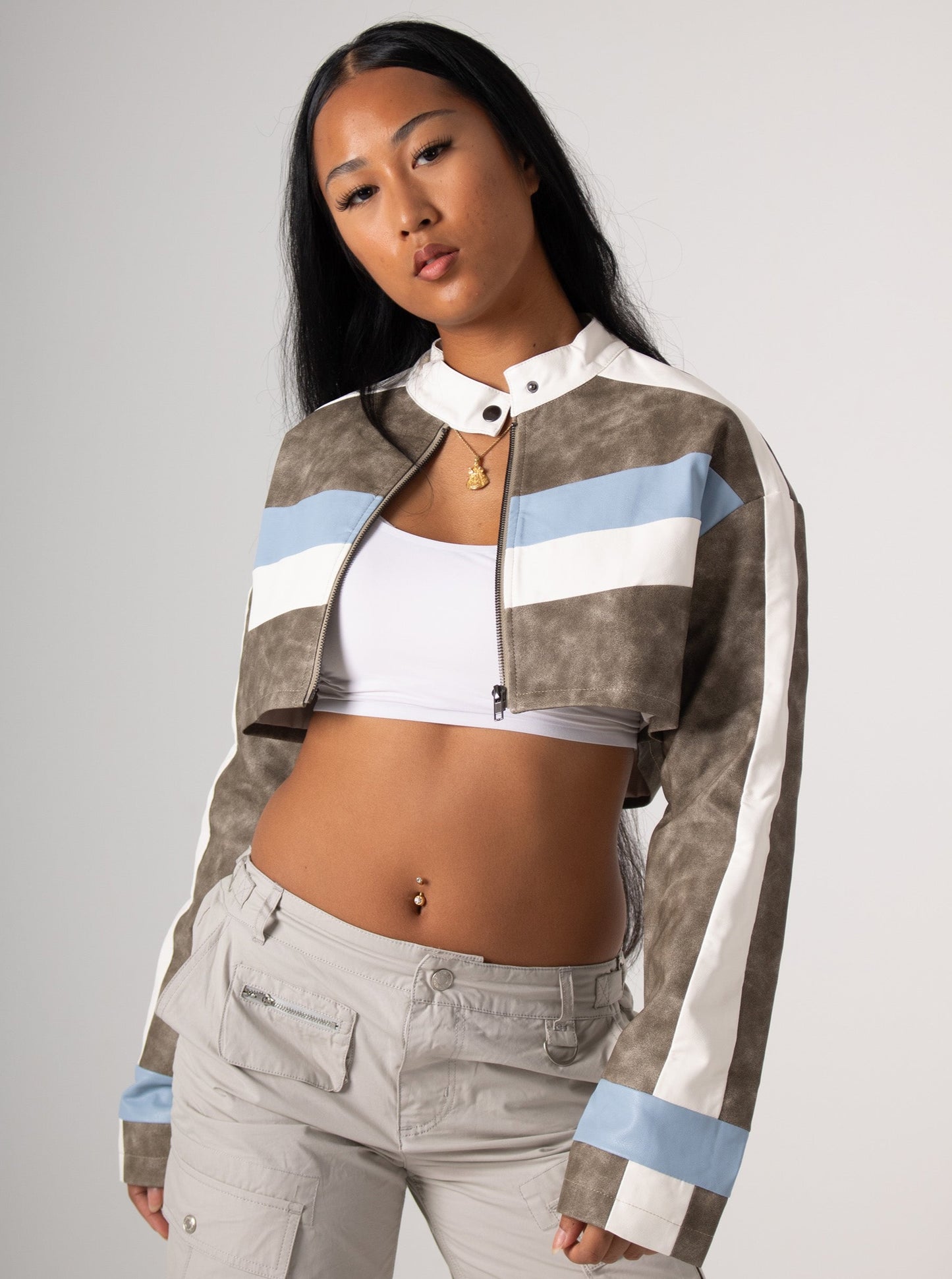 Light Blue & Grey Cropped Biker Jacket