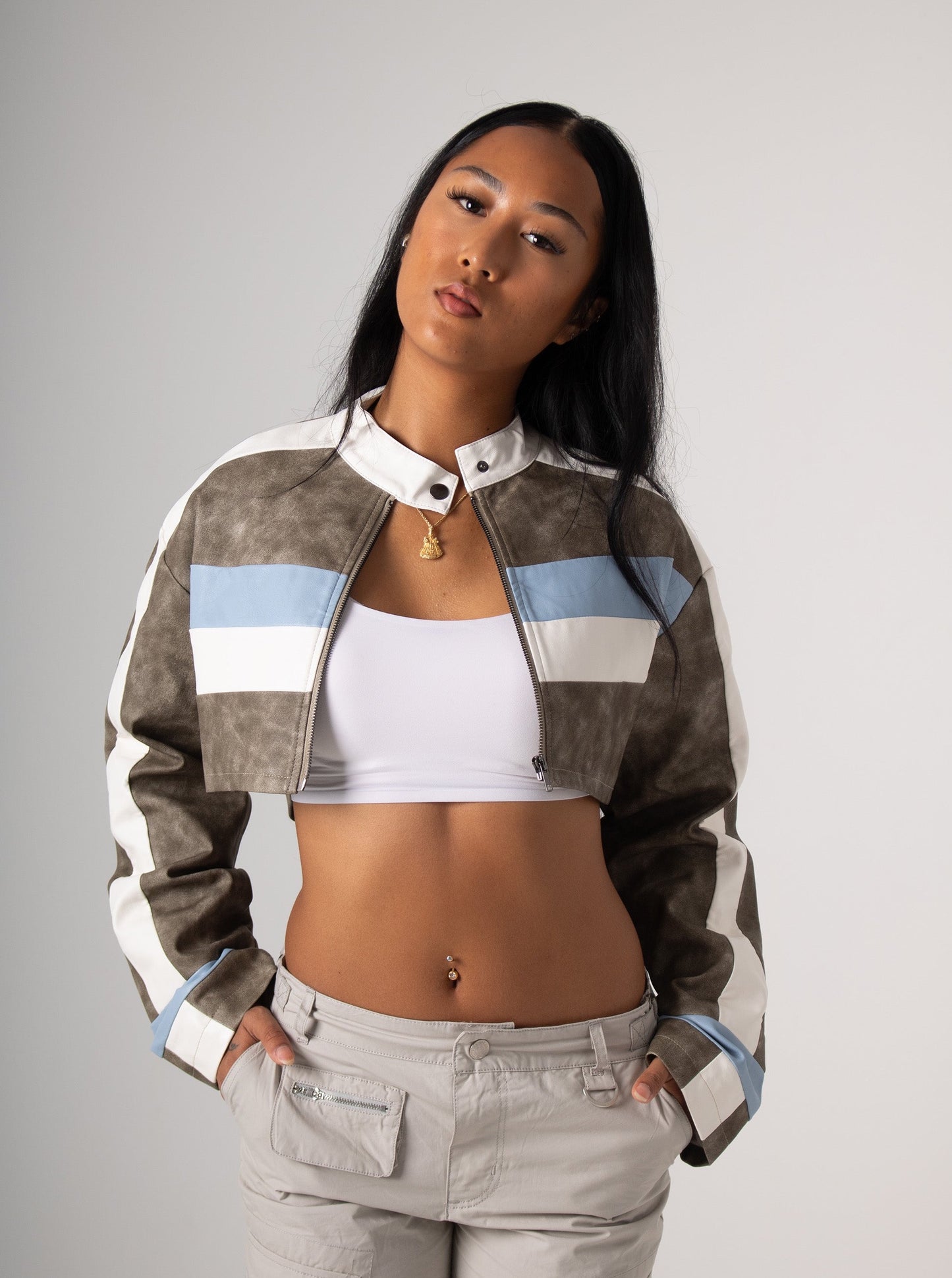 Light Blue & Grey Cropped Biker Jacket