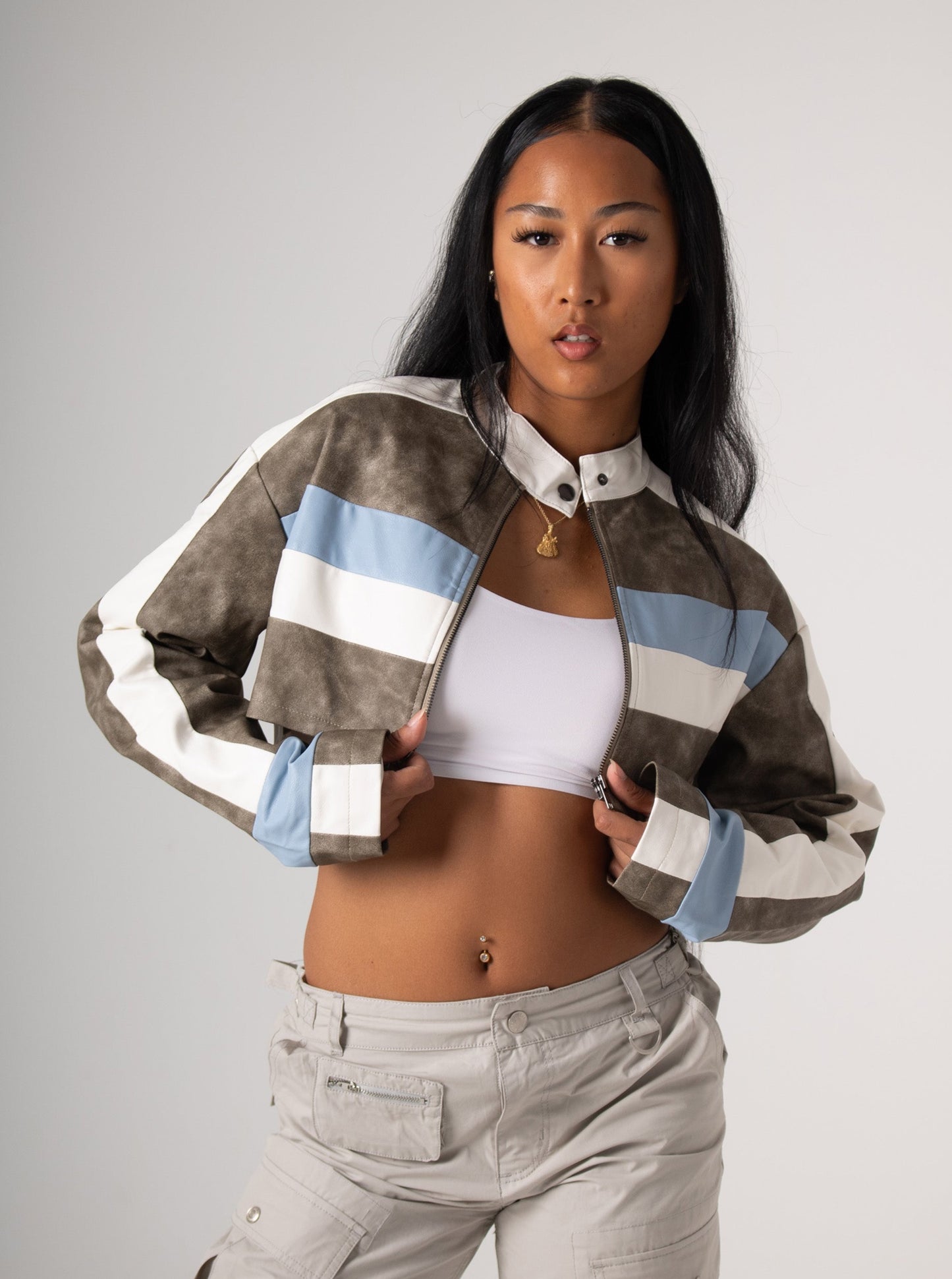 Light Blue & Grey Cropped Biker Jacket