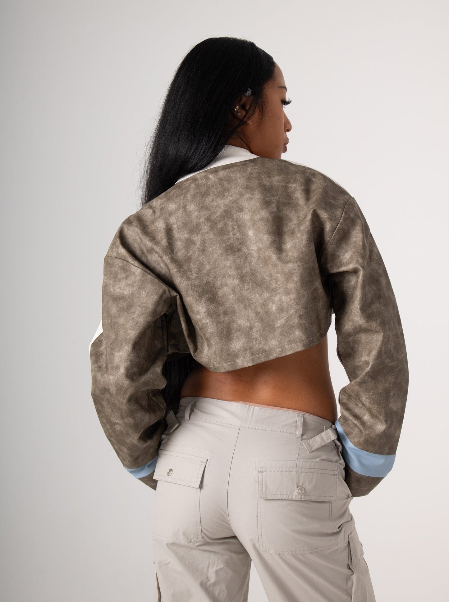 Light Blue & Grey Cropped Biker Jacket