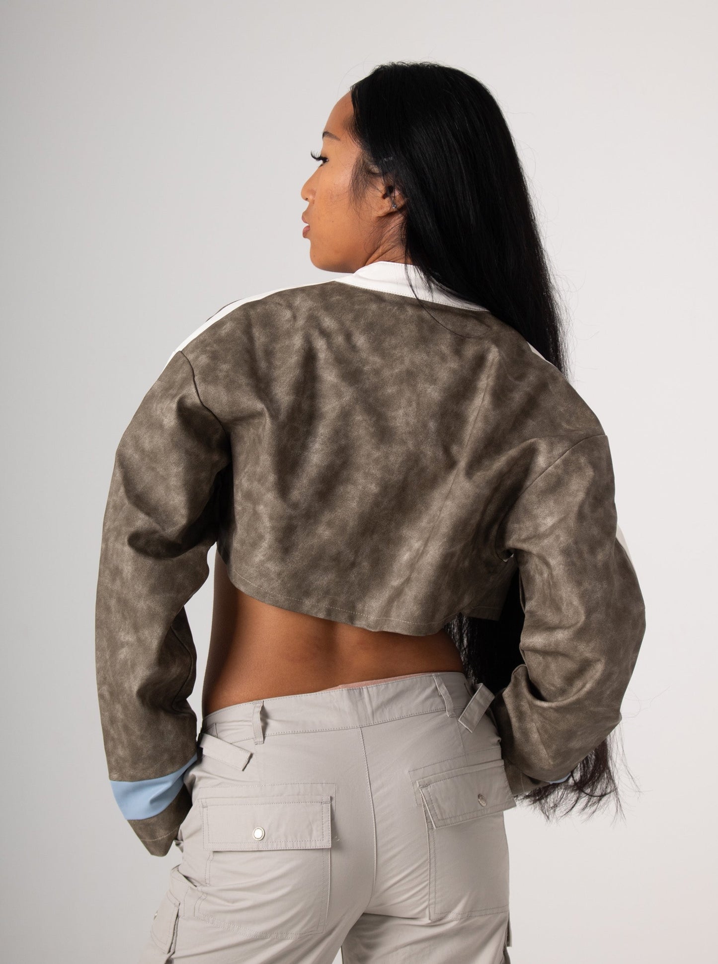 Light Blue & Grey Cropped Biker Jacket