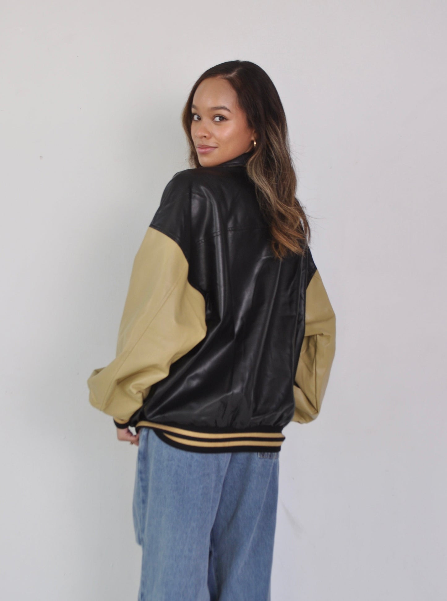 Oversized Black and Tan Varsity Jacket