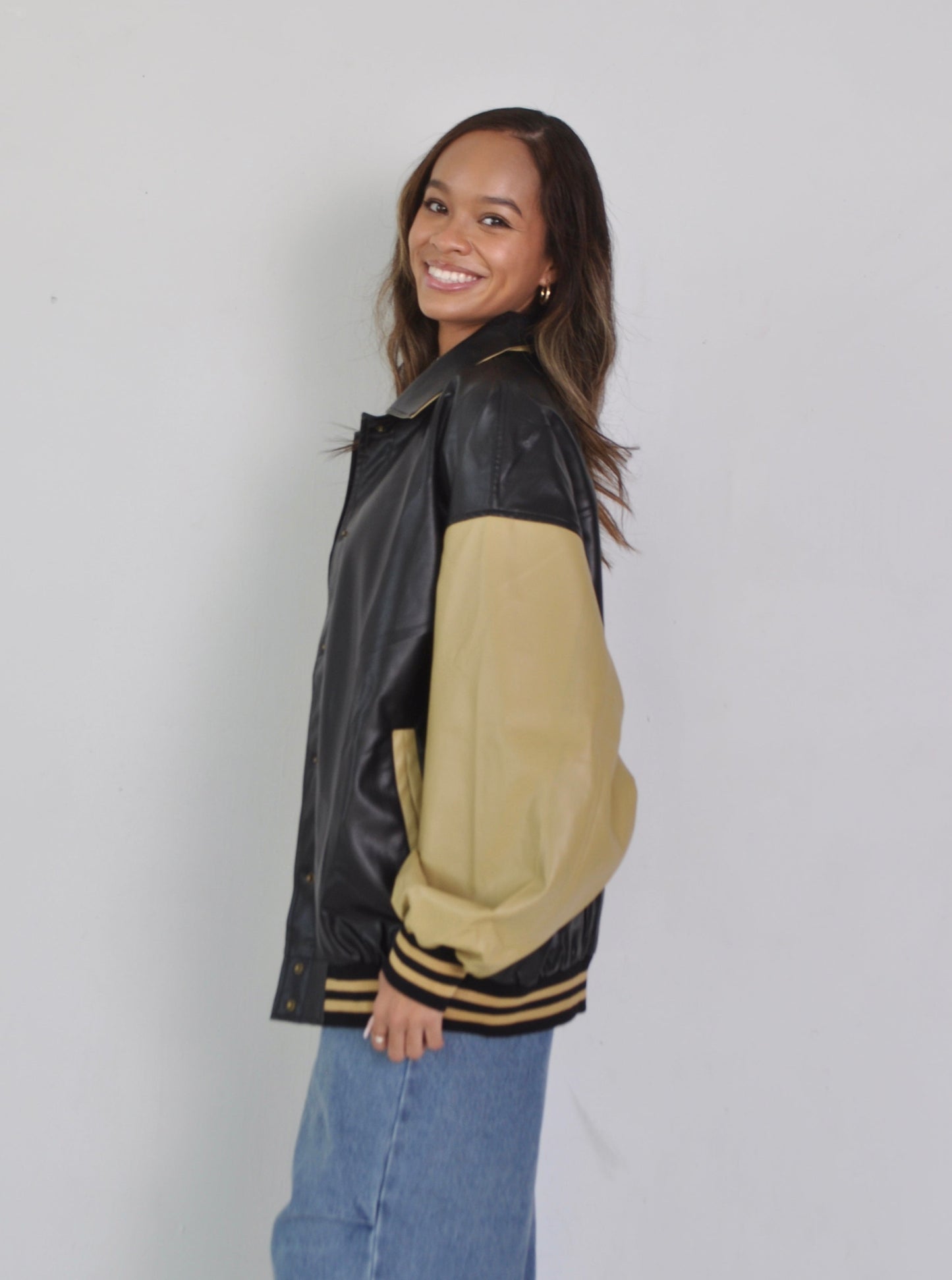 Oversized Black and Tan Varsity Jacket