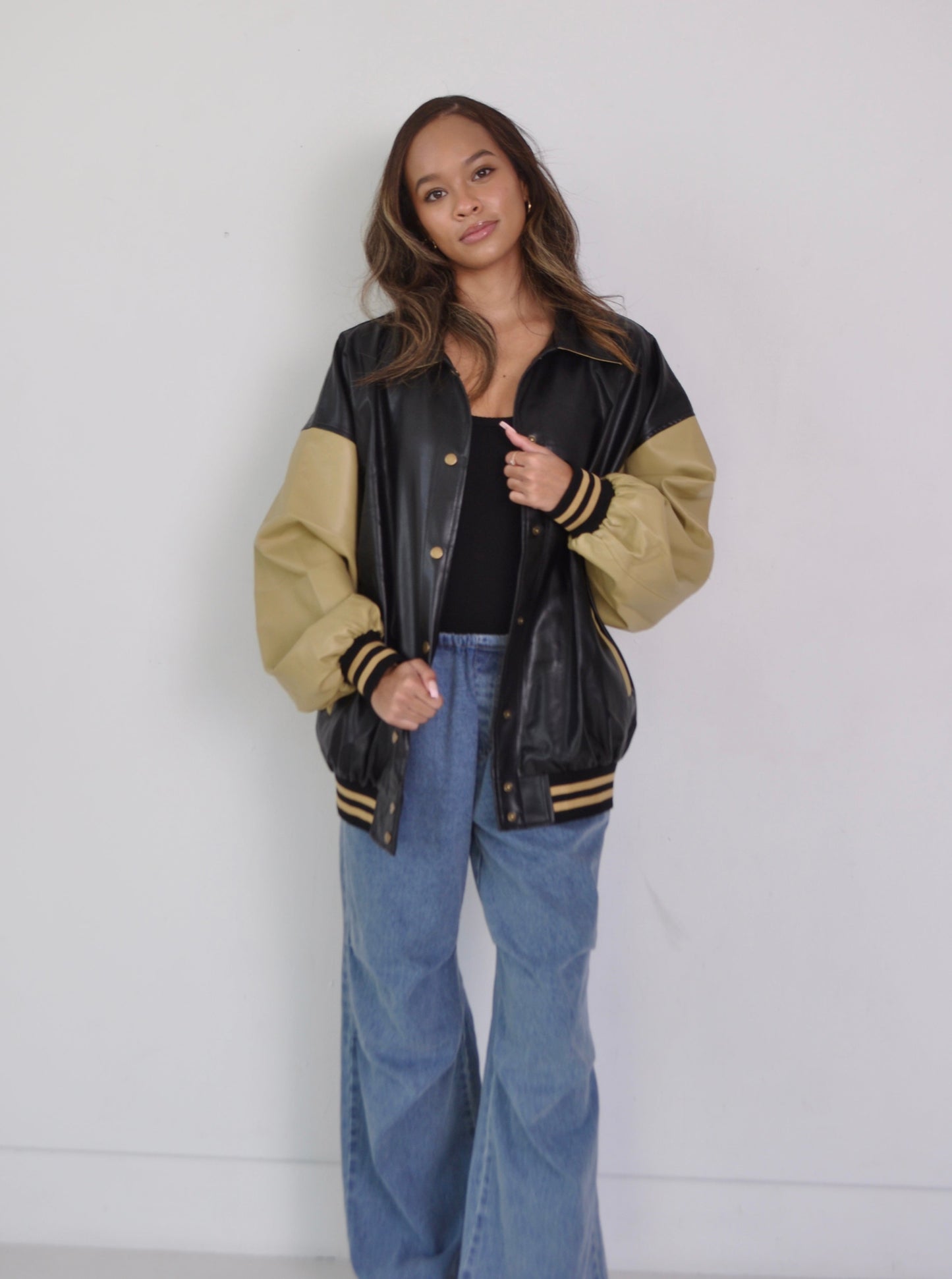 Oversized Black and Tan Varsity Jacket