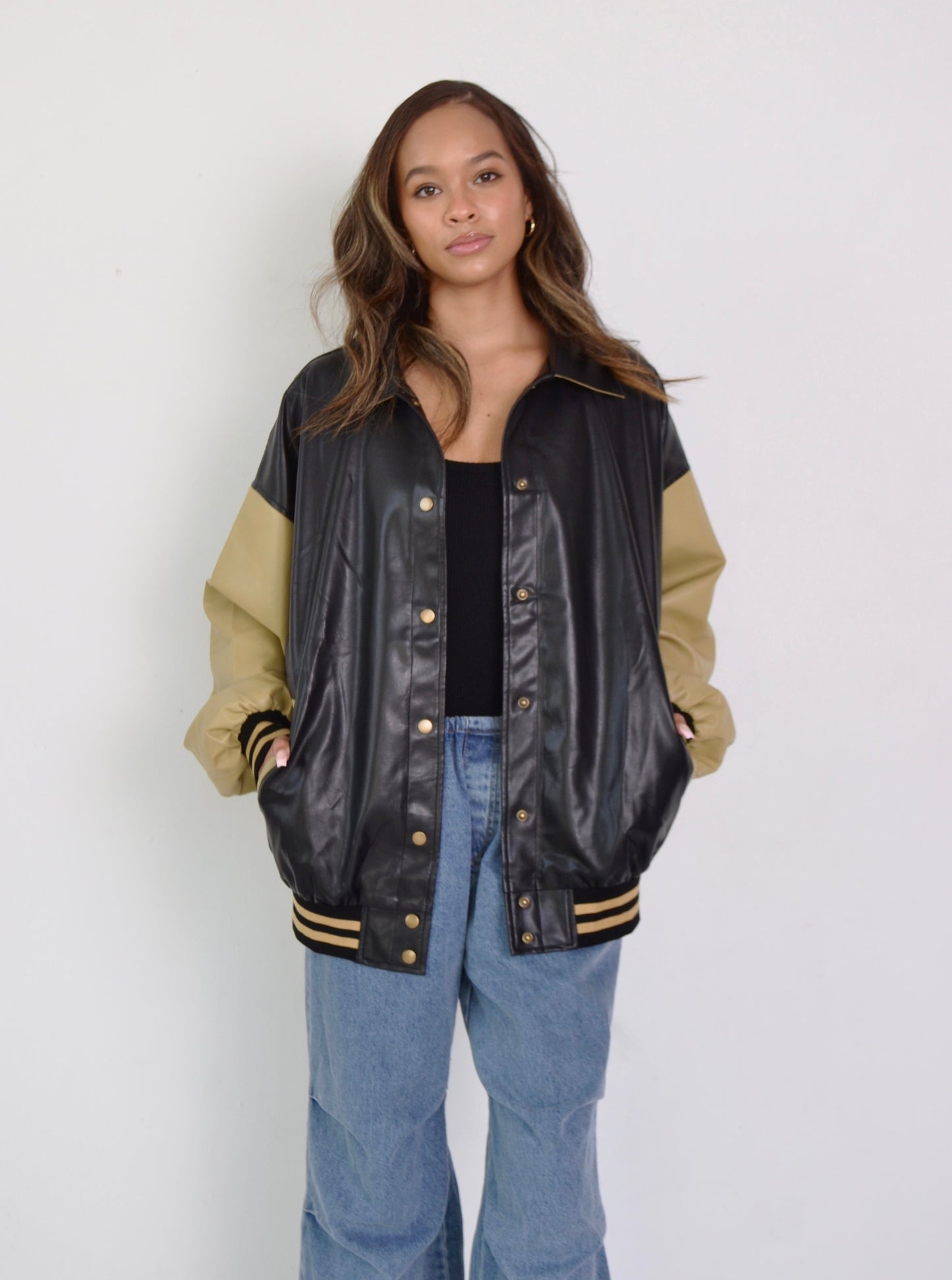 Oversized Black and Tan Varsity Jacket