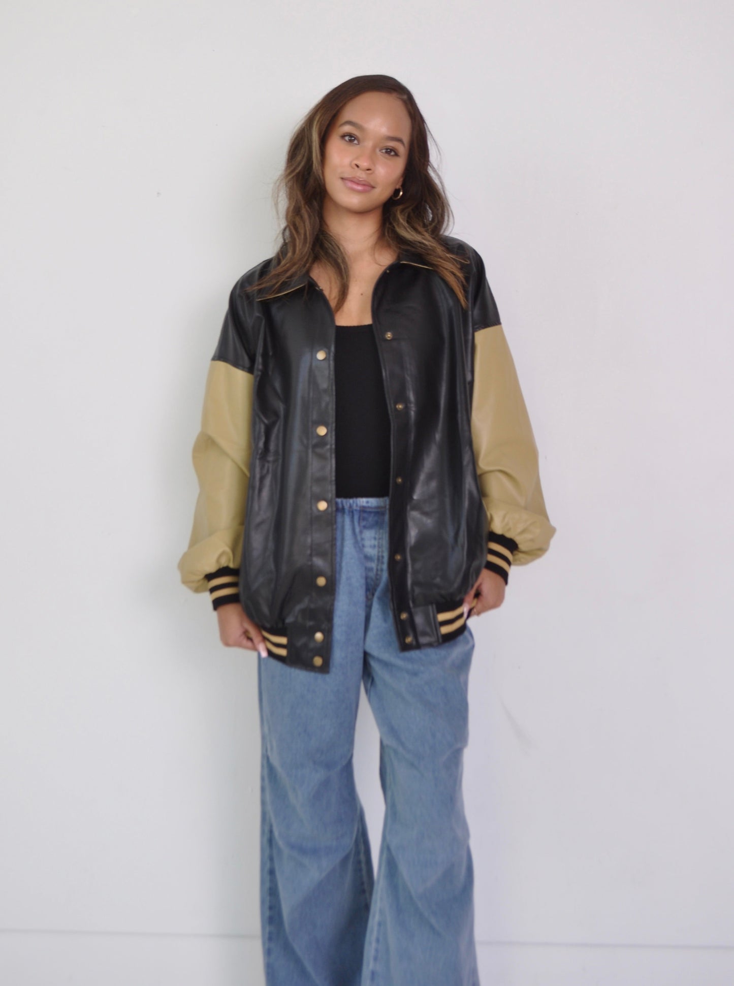 Oversized Black and Tan Varsity Jacket