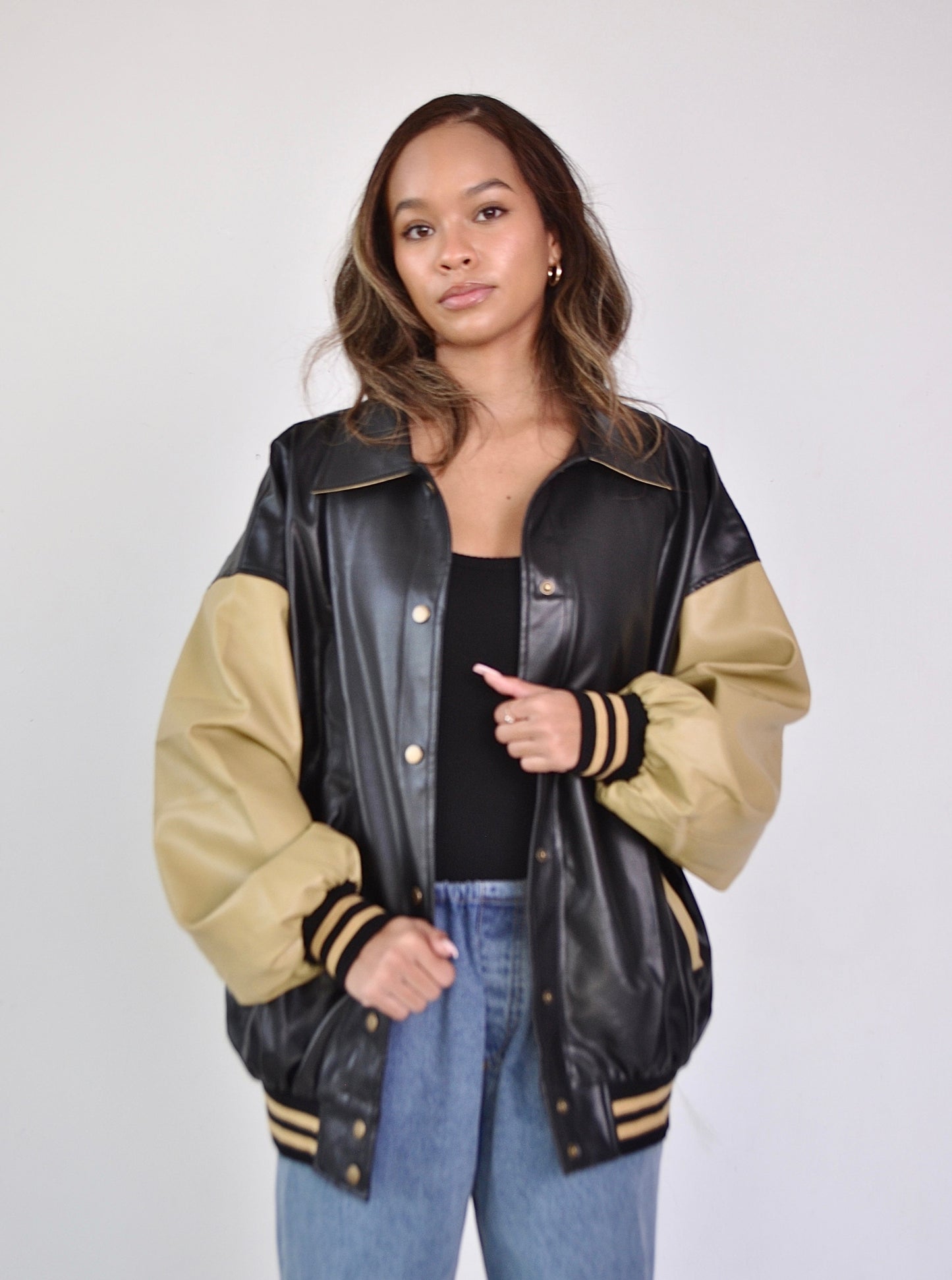 Oversized Black and Tan Varsity Jacket