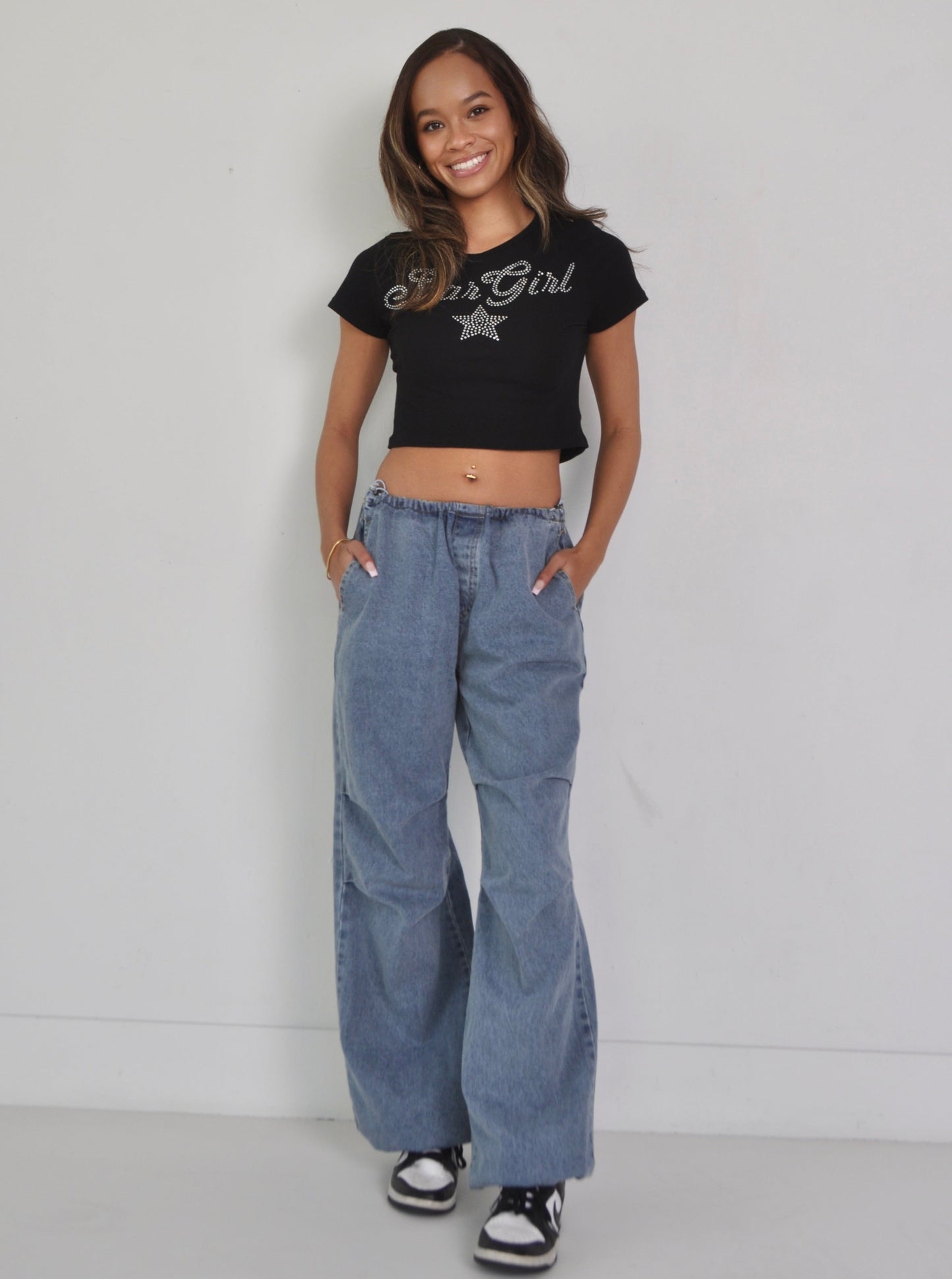 Relaxed Denim Parachute Pants