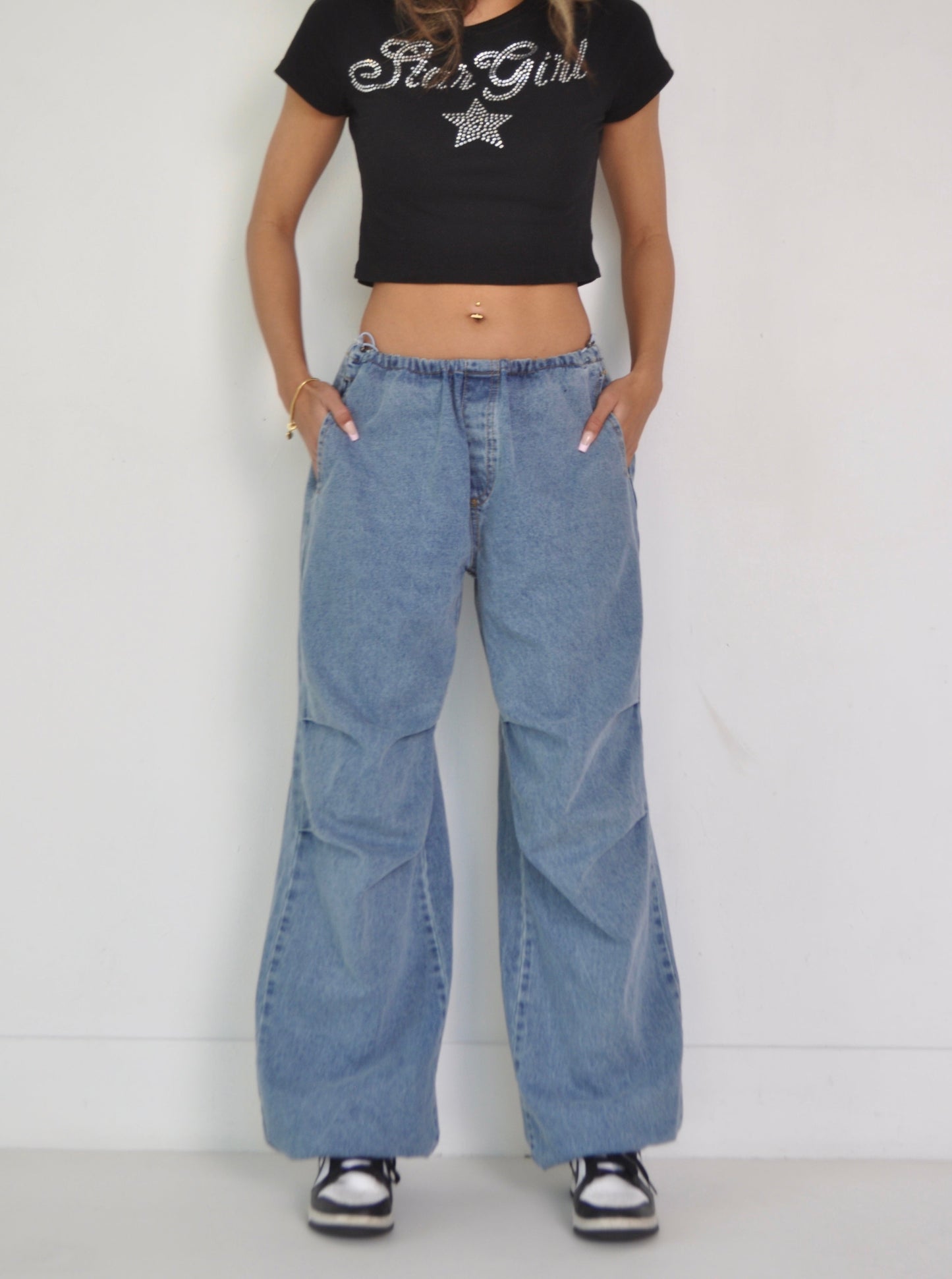 Relaxed Denim Parachute Pants