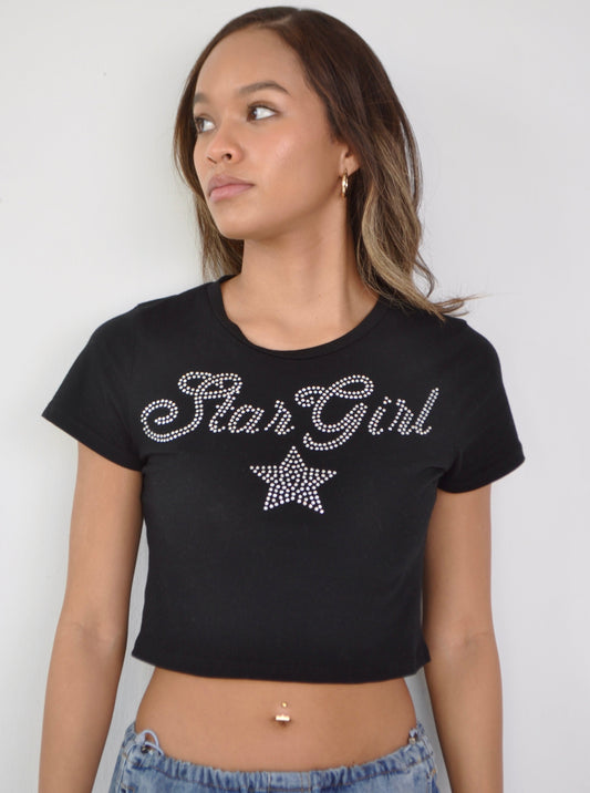 Black Rhinestone Star Girl Crop Top