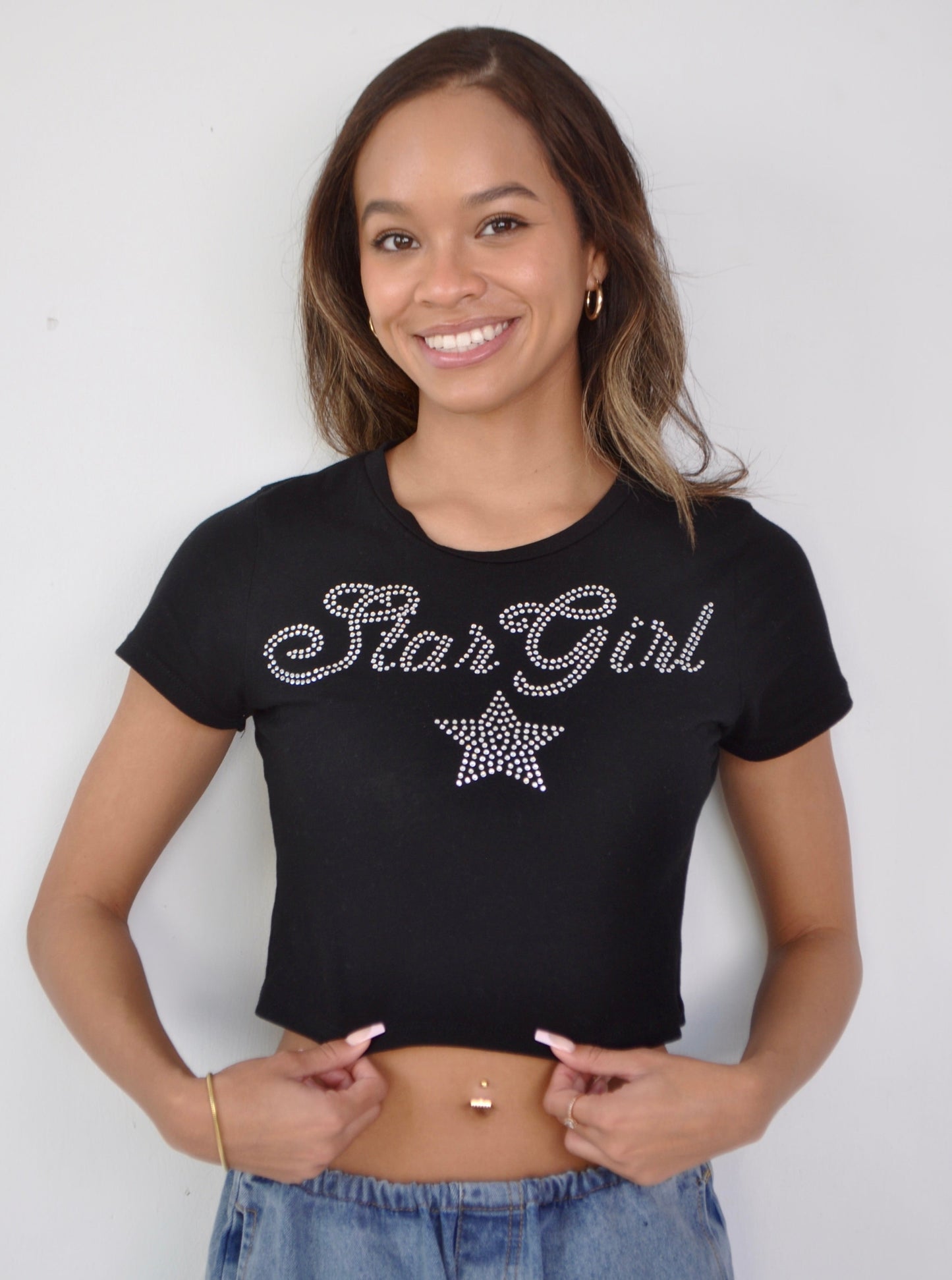 Black Rhinestone Star Girl Crop Top