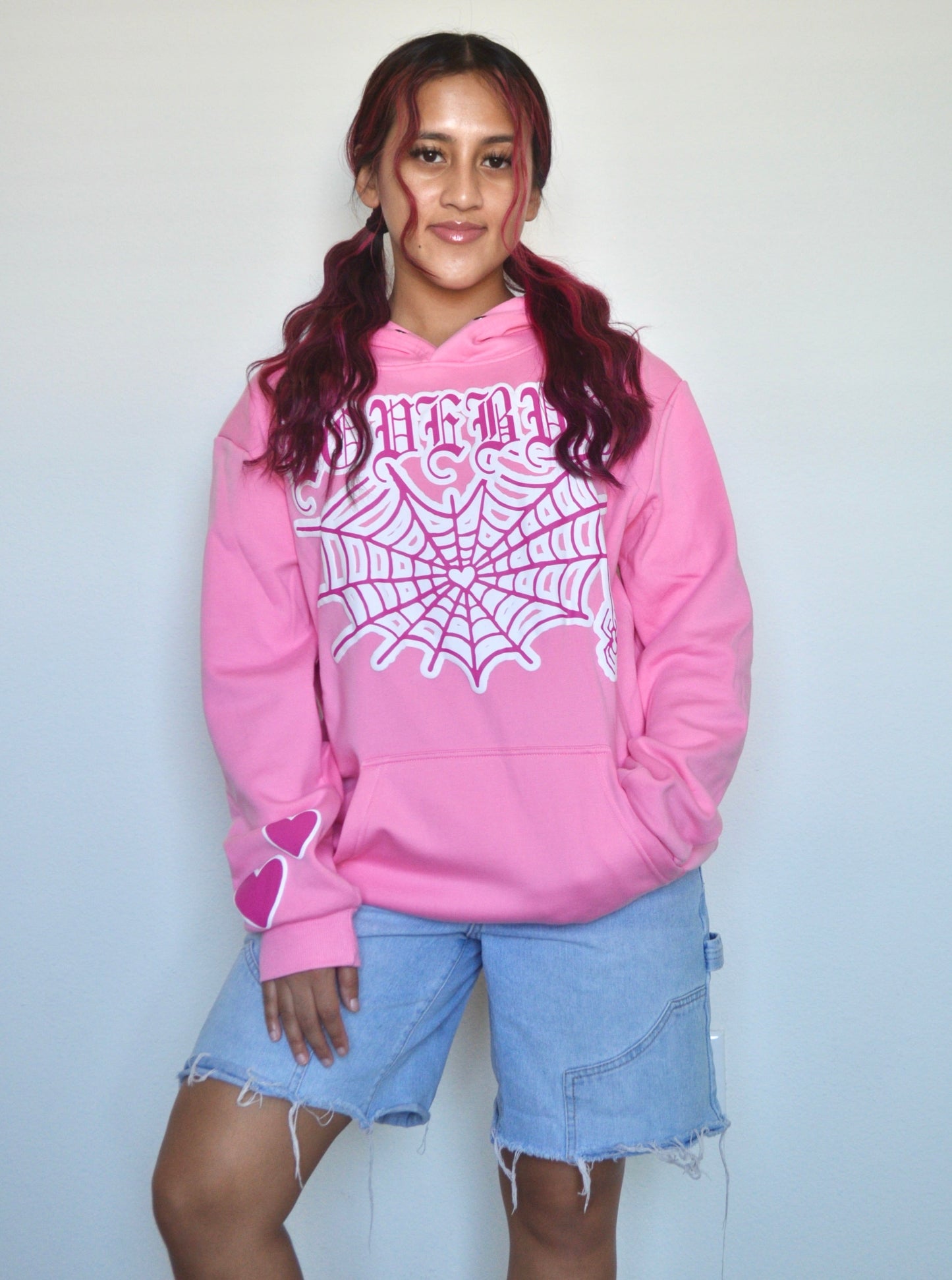 Pink Puff Print "Lovebug" Heart Spiderweb Hoodie