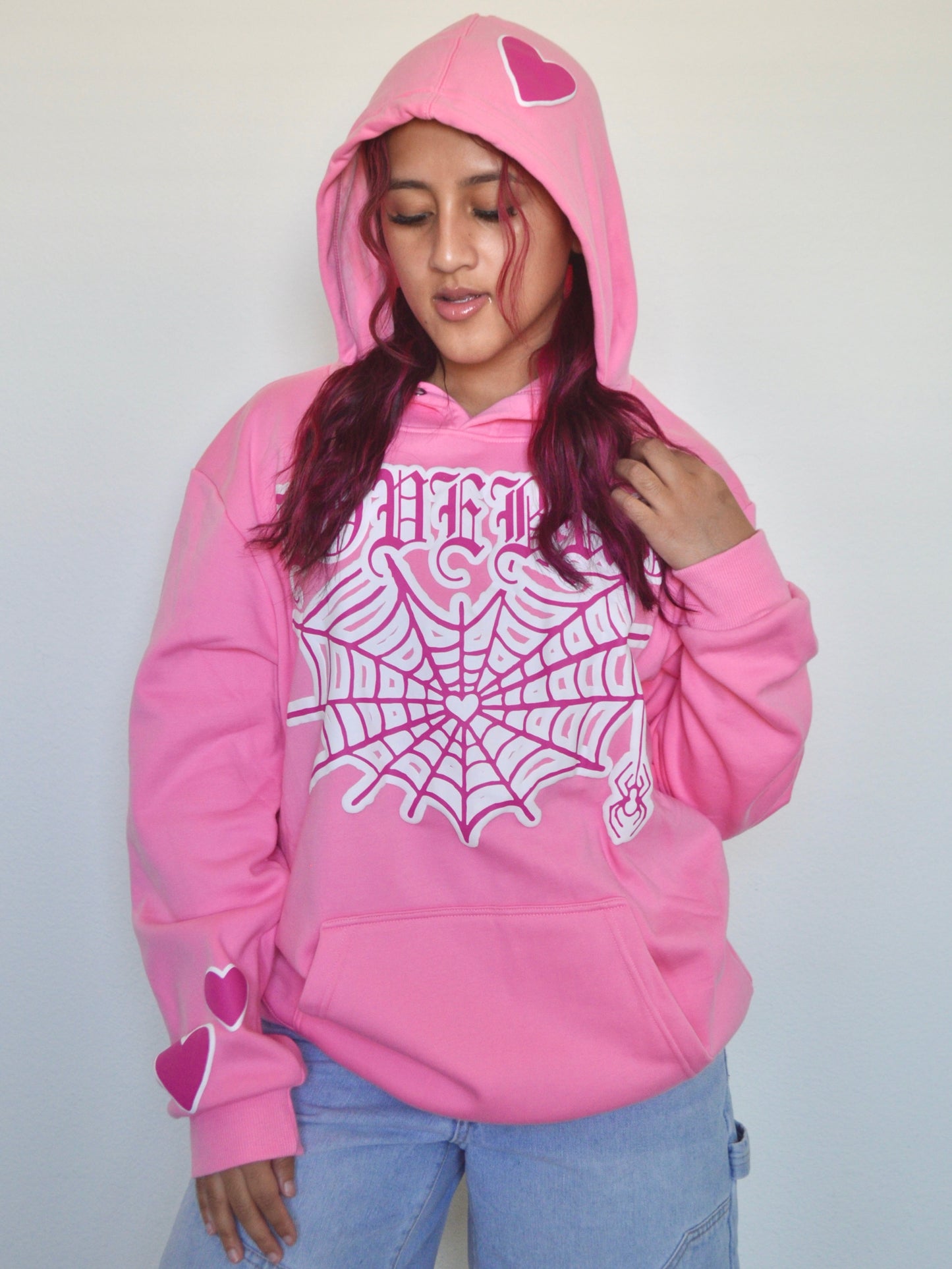 Pink Puff Print "Lovebug" Heart Spiderweb Hoodie