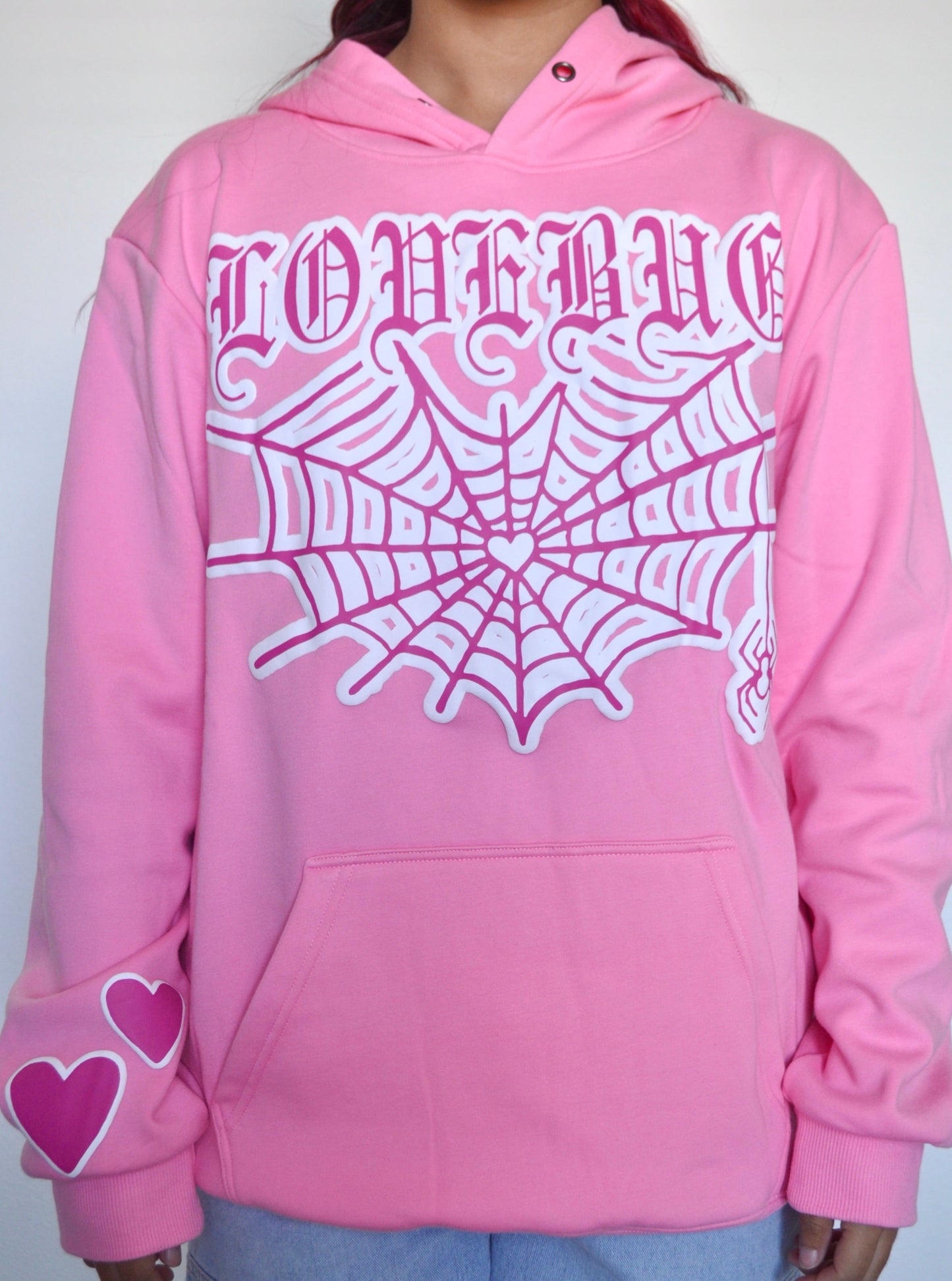 Pink Puff Print "Lovebug" Heart Spiderweb Hoodie