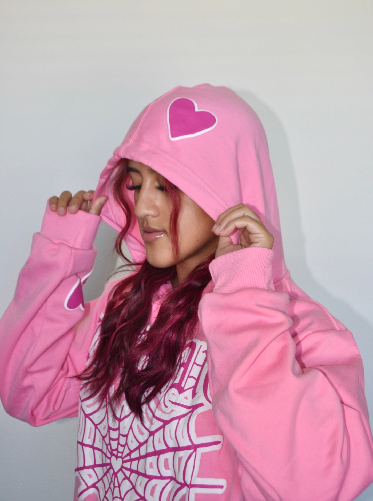 Pink Puff Print "Lovebug" Heart Spiderweb Hoodie