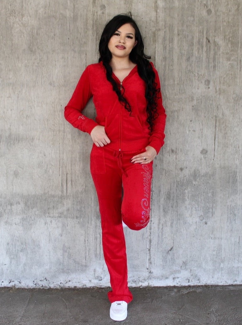 Red "Heaven Sent” Velour Rhinestone Tracksuit (Runs Small, Size Up)