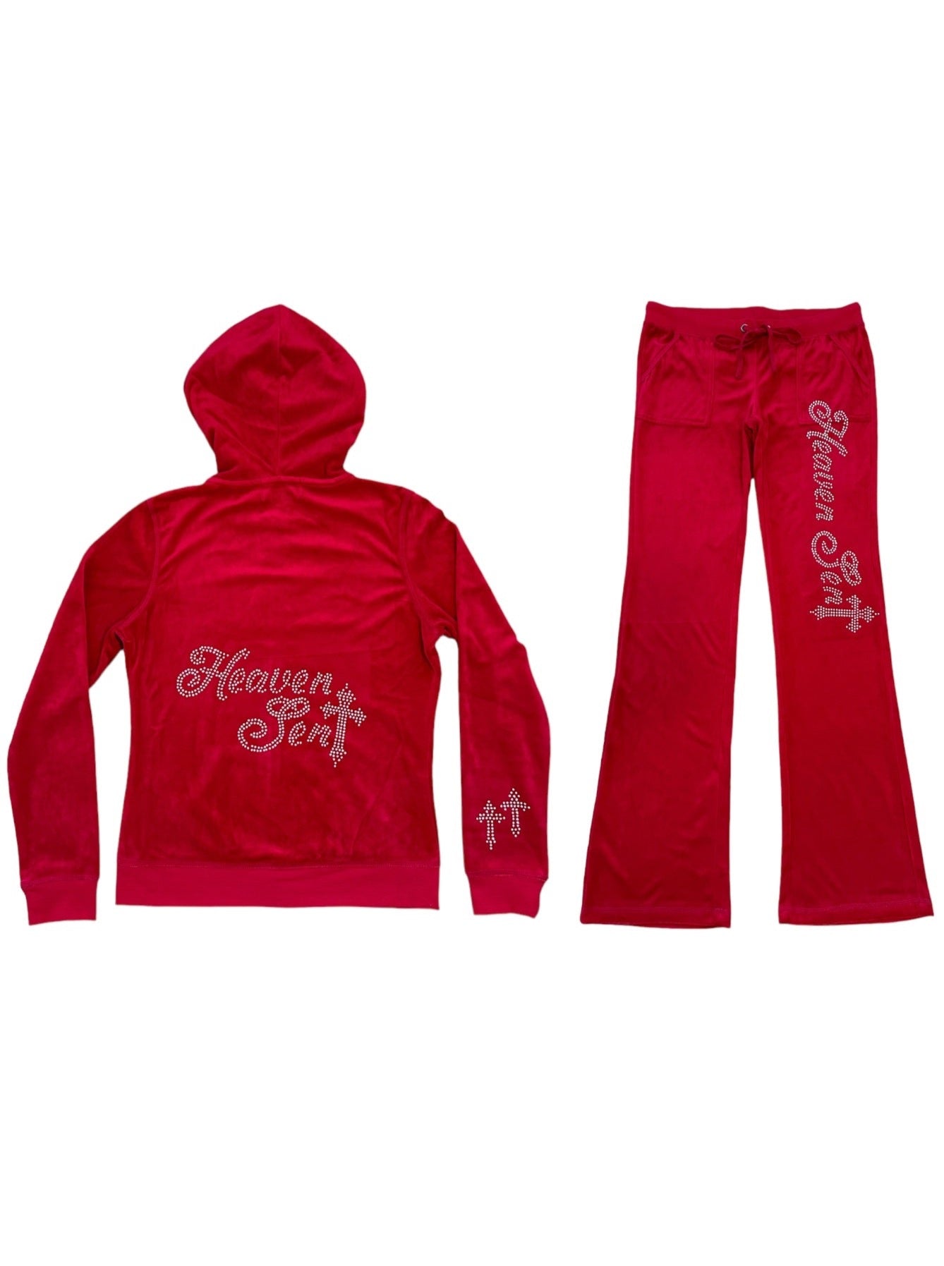 Red "Heaven Sent” Velour Rhinestone Tracksuit (Runs Small, Size Up)