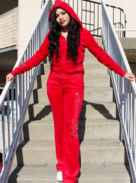 Red "Heaven Sent” Velour Rhinestone Tracksuit (Runs Small, Size Up)