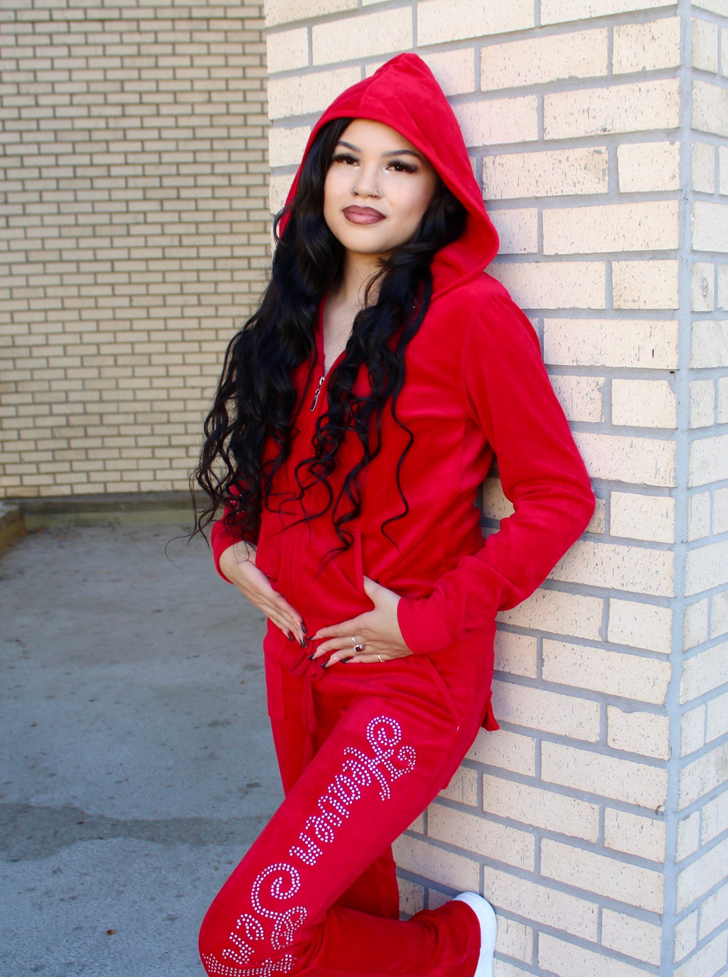 Red "Heaven Sent” Velour Rhinestone Tracksuit (Runs Small, Size Up)