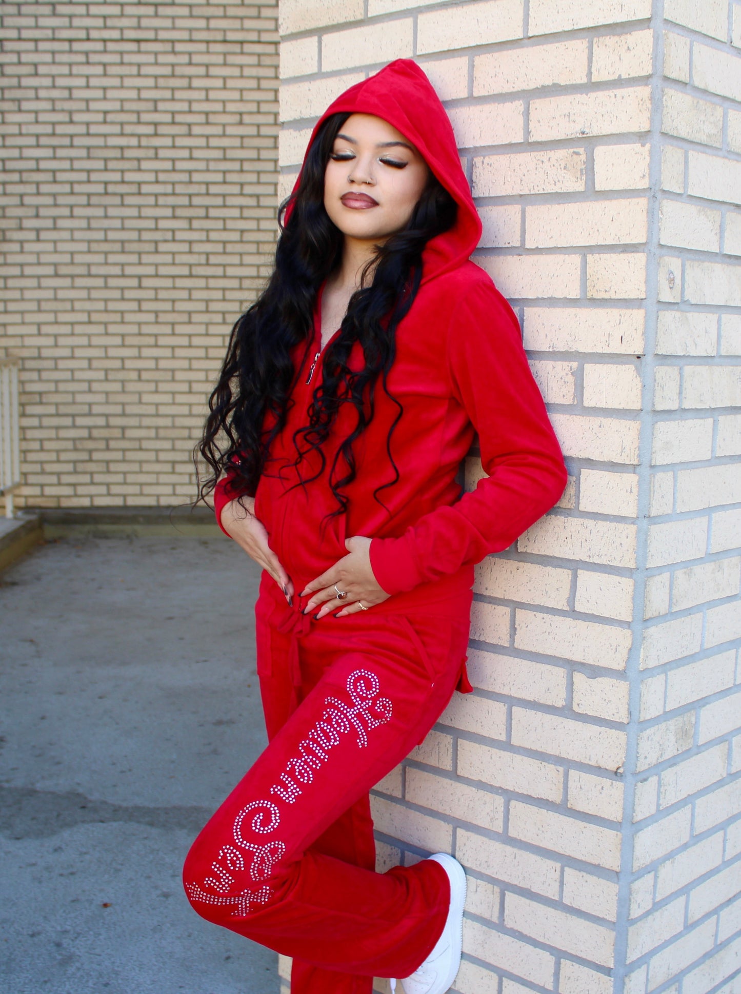 Red "Heaven Sent” Velour Rhinestone Tracksuit (Runs Small, Size Up)