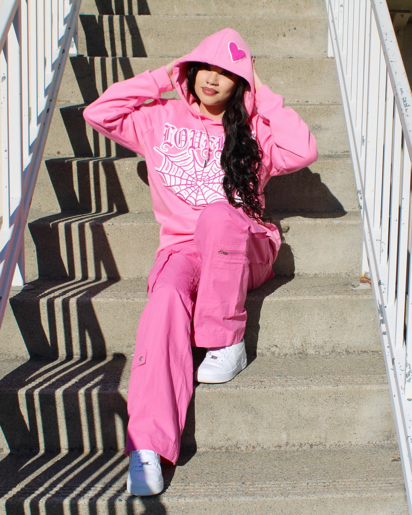 Pink Puff Print "Lovebug" Heart Spiderweb Hoodie