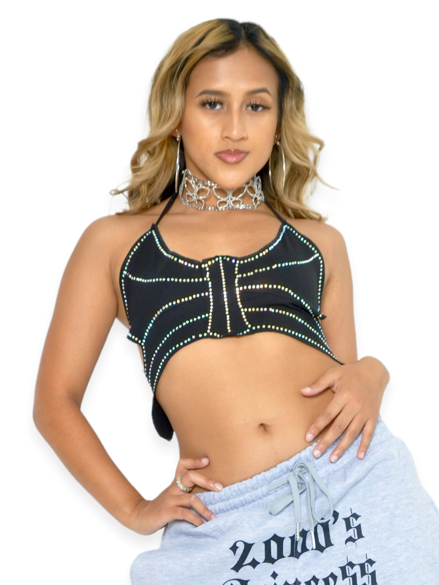 Rhinestone Butterfly Halter Crop Top