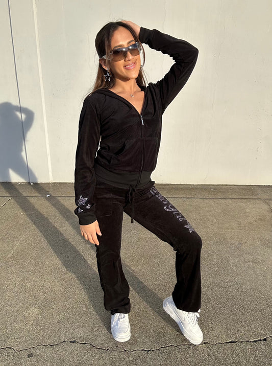 Black “Stargirl” Velour Rhinestone Tracksuit (Runs Small, Size Up)