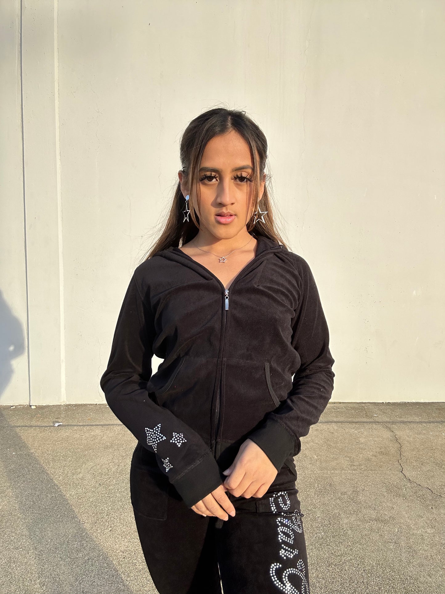 Black “Stargirl” Velour Rhinestone Tracksuit (Runs Small, Size Up)