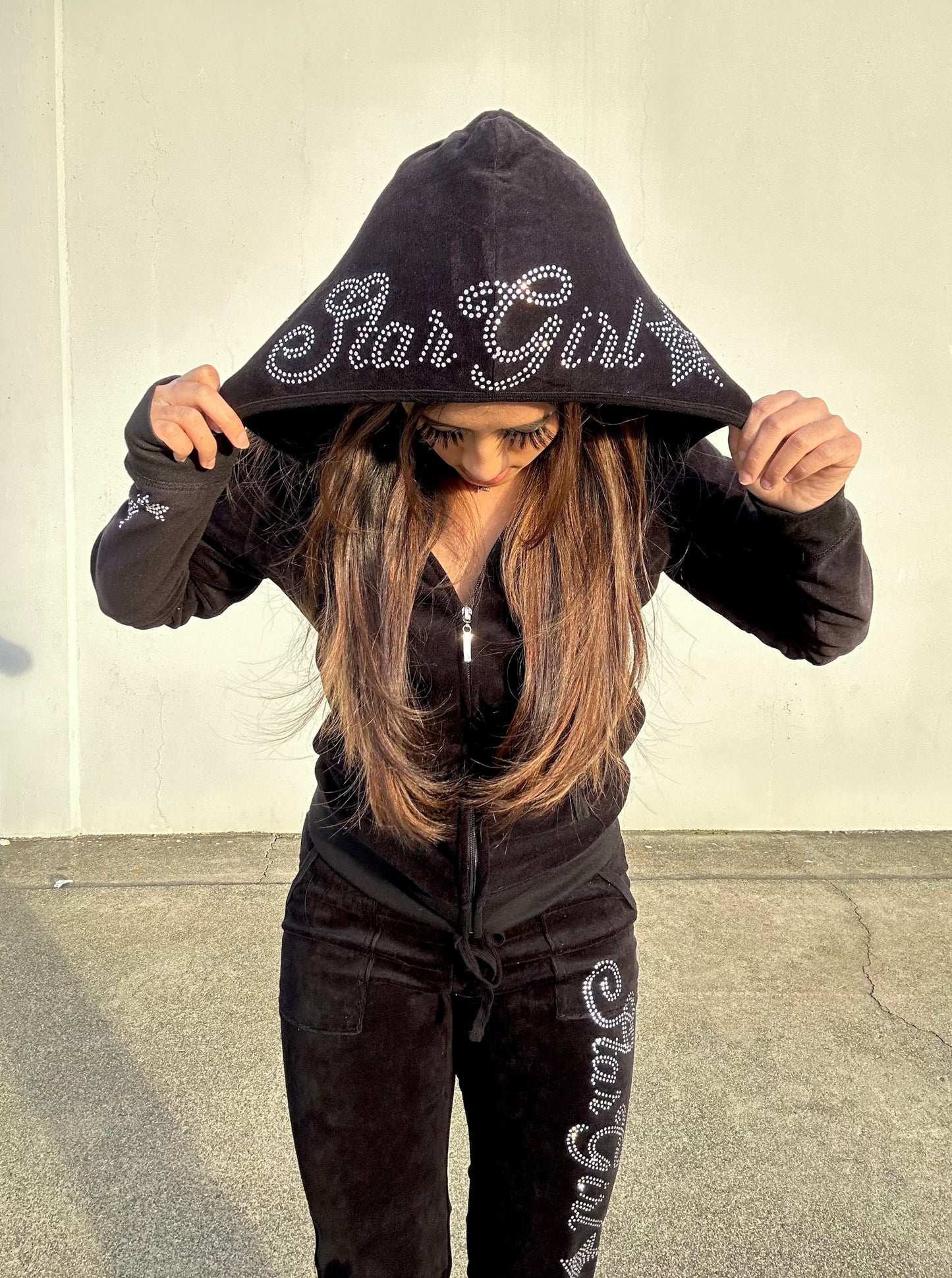 Black “Stargirl” Velour Rhinestone Tracksuit (Runs Small, Size Up)