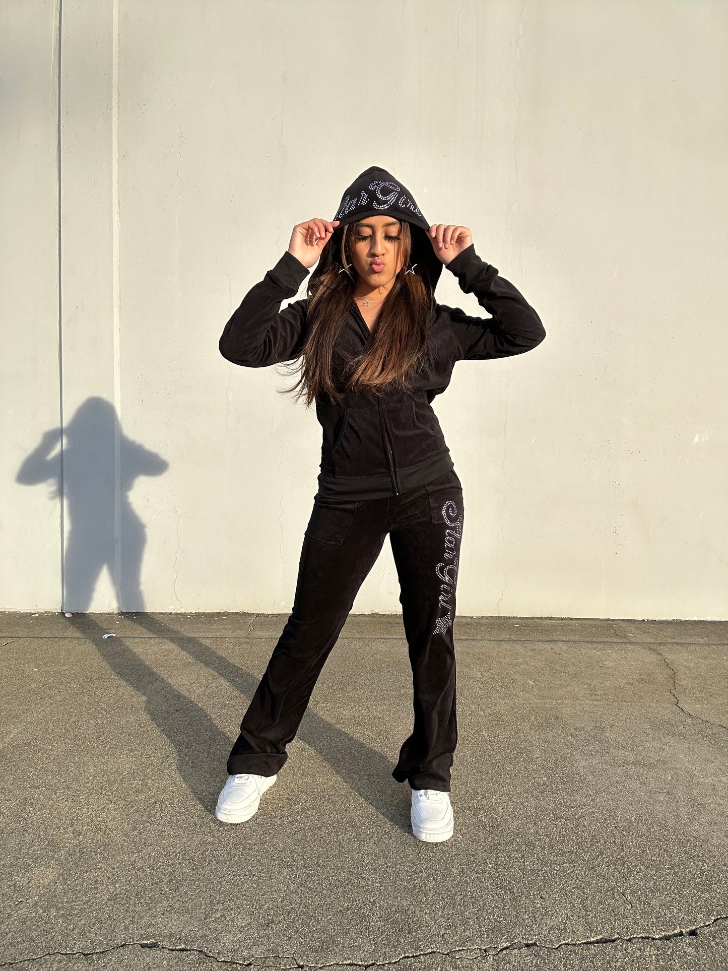 Black “Stargirl” Velour Rhinestone Tracksuit (Runs Small, Size Up)