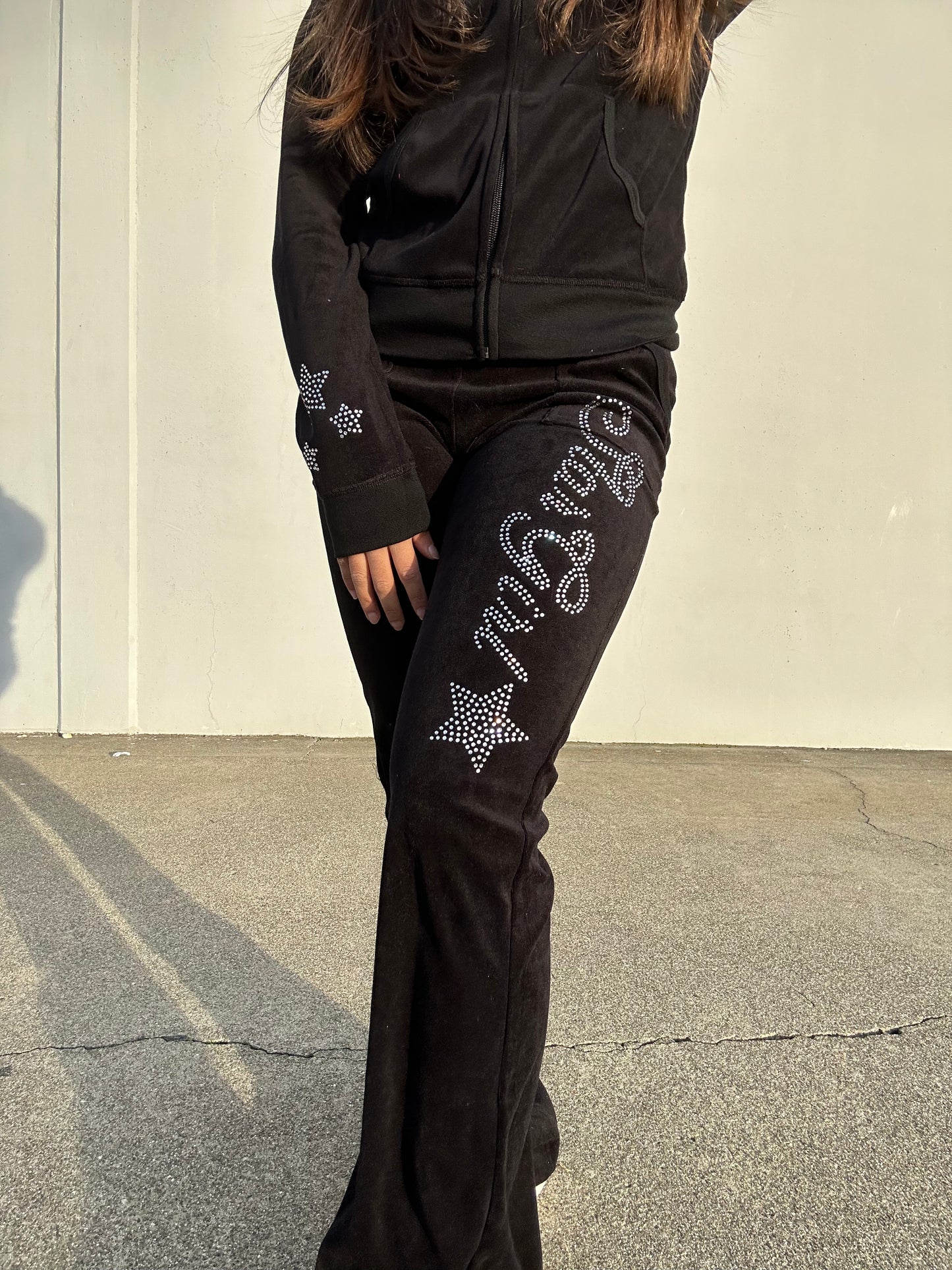 Black “Stargirl” Velour Rhinestone Tracksuit (Runs Small, Size Up)